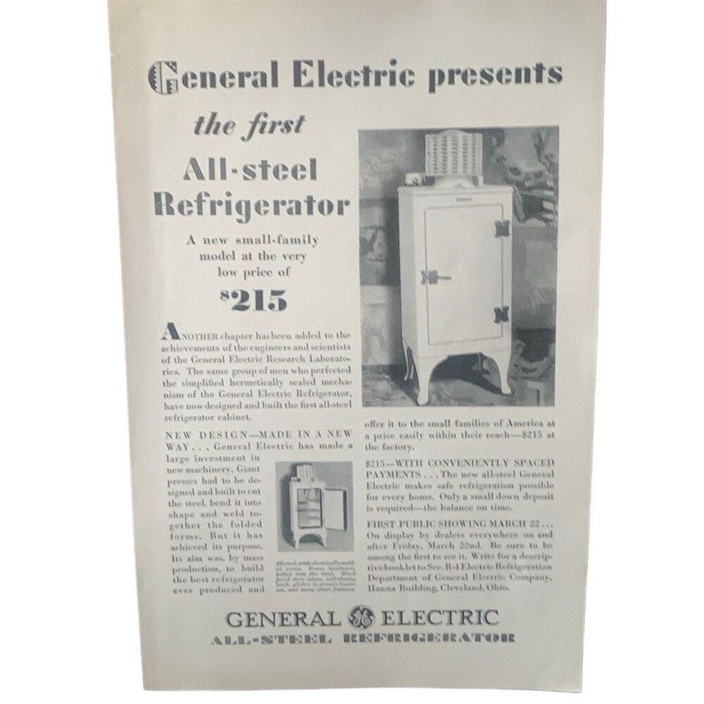 Vintage 1929 General Electric First All Steel Refrigerator Ad Advertisement